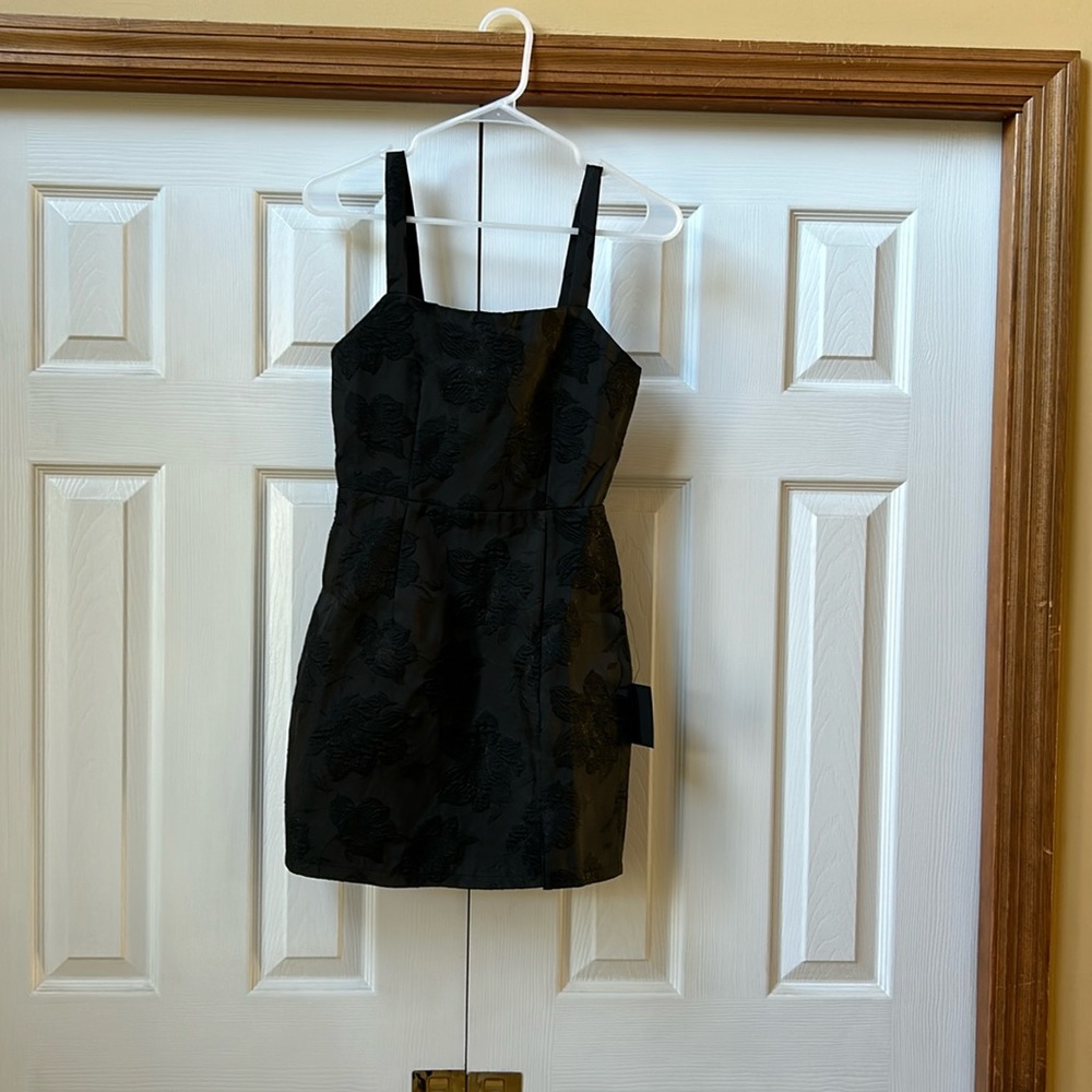 Black cocktail/homecoming shiny, floral dress